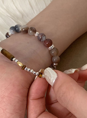 法式复古天然石碎银子金属手链