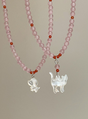 甜美质感贝母猫咪小狗粉色串珠项链女简约可爱时尚百搭颈链锁骨链