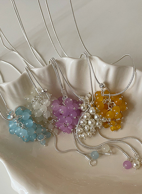 韩国博主同款彩色水晶葡萄串抽拉式长款项链女ins潮流颈链锁骨链