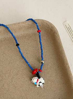 萌趣可爱卡通奶牛蓝色串珠项链女清新潮流时尚气质百搭颈链锁骨链