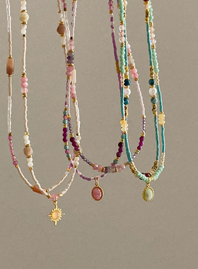 复古民族风彩色天然石串珠项链女轻奢高级感优雅百搭颈链锁骨链