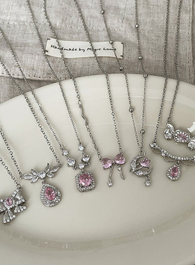 粉色锆石蝴蝶结项链女高级感小众个性简约百搭气质时尚颈链锁骨链