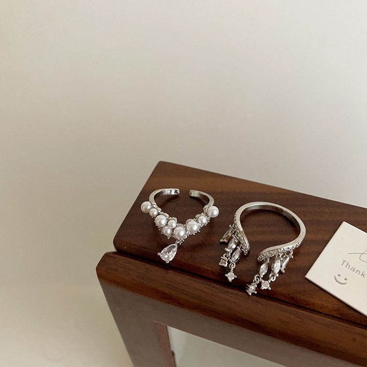 Pearl Zirconia Tassel Metal Open Ring