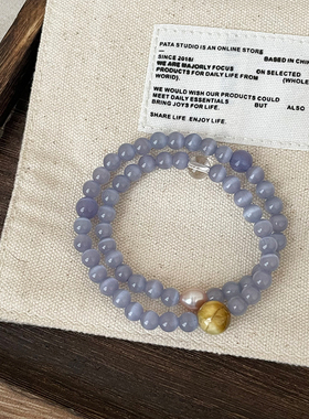 清冷感烟紫色猫眼石串珠长款叠戴弹力绳手链女气质百搭手环手饰