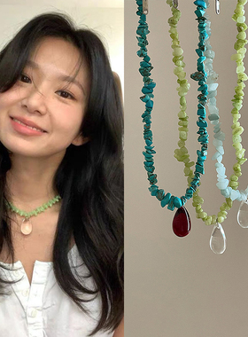博主fever同款不规则彩色天然石串珠水滴项链女ins百搭颈链锁骨链