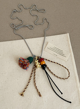 设计感小熊毛刷彩石流苏钛钢项链女萌趣可爱时尚百搭颈链锁骨链