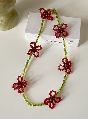 高级感手工款红色花朵水晶串珠项链女轻奢气质时尚百搭颈链锁骨链