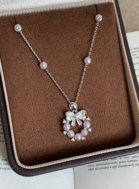 法式轻奢珍珠蝴蝶结花环吊坠项链女复古时尚潮流气质颈链锁骨链