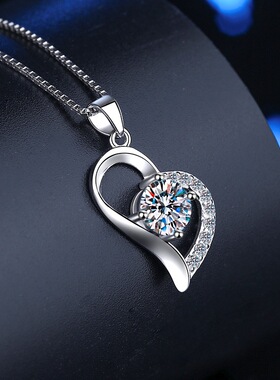 s925纯银项链gra莫桑石1克拉吊坠心心相印彩色精致时尚个性锁骨链