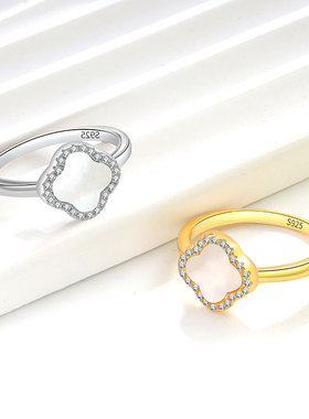 欧美爆款S925纯银四叶草黑玛瑙戒指白贝母指环亚马逊Silver ring