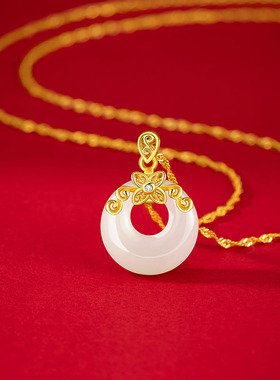 幸运四叶草纯银925和田玉项链女新中式国潮平安扣锁骨链如意吊坠