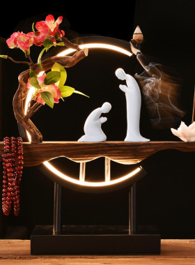 新中式禅意陶瓷人物倒流香小夜灯圈家居桌面客厅装饰品香薰炉摆件