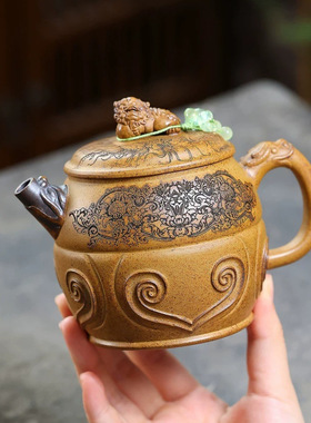 分销宜兴紫砂壶柴烧龙骨金砂匠心手工制作瑞狮呈祥功夫茶具礼盒装
