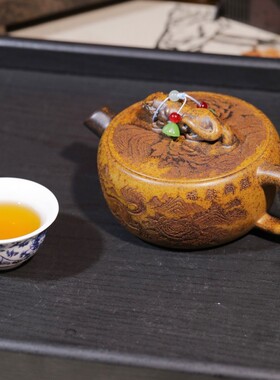 爆款宜兴紫砂原矿柴烧龙骨金砂名家手工制作麒麟獻瑞礼品茶具