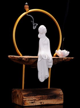 中式禅意风化木倒流香创意摆件家居客厅创意陶瓷美女仕女摆设装饰