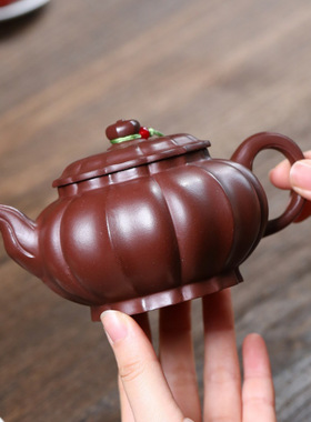 宜兴紫砂原矿底槽清名家半手工制作如意菱花筋纹掇只功夫茶具