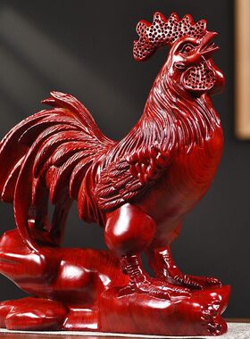 红色公鸡摆件实木家居客厅装饰品花梨木雕金鸡工艺品招财开业送礼