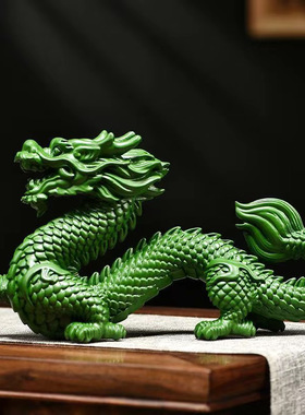 绿色木质五爪青龙摆件实木雕刻神龙生肖金龙木制家居办公装饰品