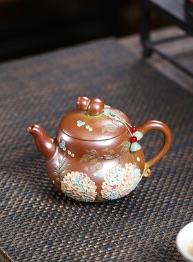 一件宜兴原矿黄金段泥火云烧手工制作葫枝缀锦泡茶壶礼品茶具