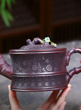 宜兴紫砂壶原矿古乌泥匠心手工制作一品竹段大容量功夫茶具礼盒装