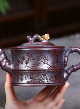 一件宜兴紫砂壶原矿古乌泥匠心手工制作竹影功夫茶具礼盒包装