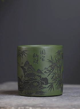 宜兴紫砂壶原矿墨绿泥匠心手工制作竹鼎国宝纳福一壶一杯礼品茶具