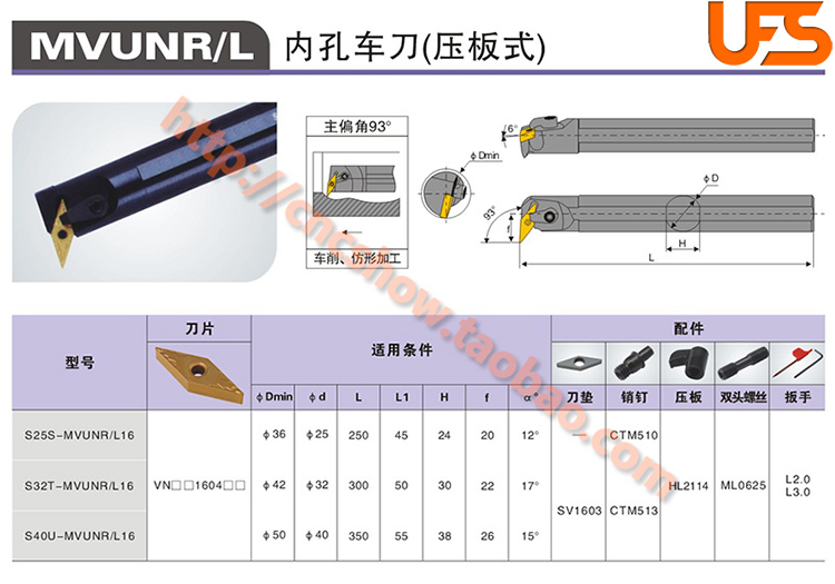 内孔车刀93度S20R/S25S/S32T/S40T/S40U/S50U-MVUNR16/MVUNL16 - 图2