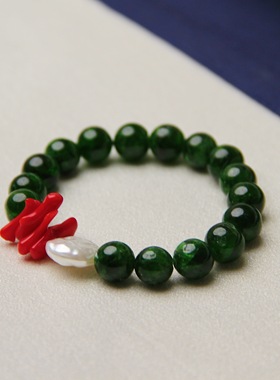 承李李原创设计 花青老绿翡翠红宝珍珠玛瑙现货 民族风轻奢手串女