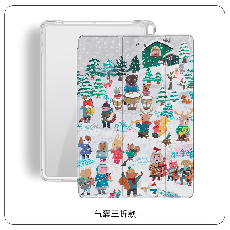 雪山艺术油画小动物卡通潮简笔画适用于苹果2024款iPadPro12.9/11三折保护壳air6/air5/mini6防摔气囊平板壳