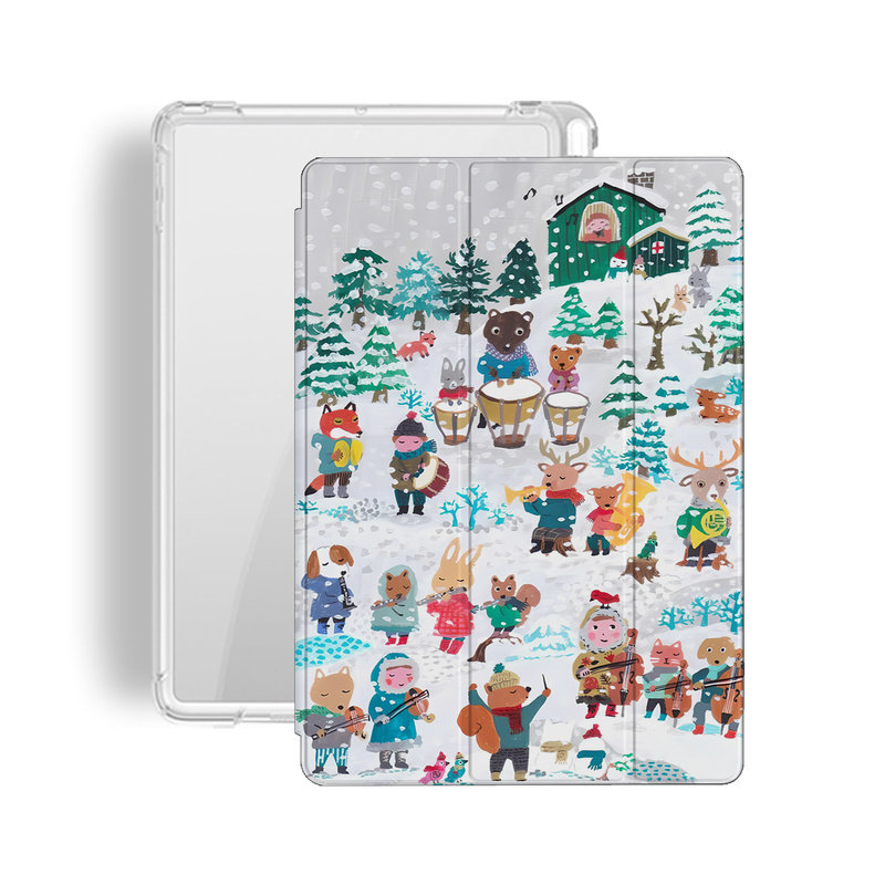 雪山艺术油画小动物卡通潮简笔画适用于苹果2024款iPadPro12.9/11三折保护壳air6/air5/mini6防摔气囊平板壳