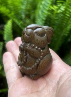 天然绿檀木雕刻佛缘兔软萌可爱生肖兔子手把件创意文玩桌面小摆件
