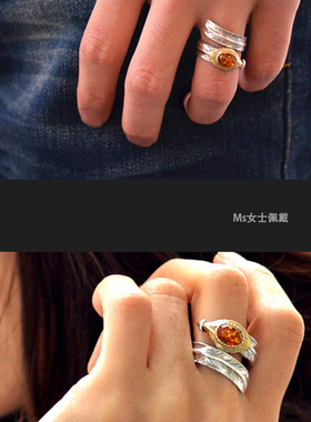 飞鹰羽毛琥珀纯银男士开口戒指