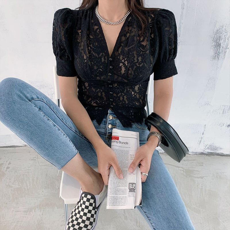 E suE.su 夏季新款进口蕾丝开衫修身气质泫雅风半袖v领百搭衬衫女1