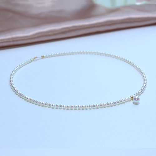 天然淡水小米珠珍珠项链18K黄金叠戴迷你Baby珠颈链轻奢锁骨正品 - 图0