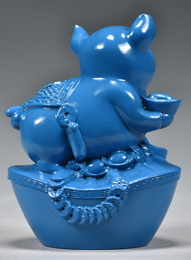 蓝色实木猪摆件木质雕刻十二生肖木头小猪猪吉祥物装饰木制工艺品
