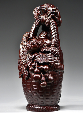 黑檀木花篮大丰收雕刻摆件工艺品