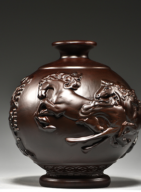 黑檀木雕八骏雄风花n瓶摆件马到成功客厅插花装饰家居实木质工艺