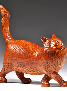 花梨木雕猫摆件实木动物可爱小猫红D木家居客厅装饰工艺品开业送