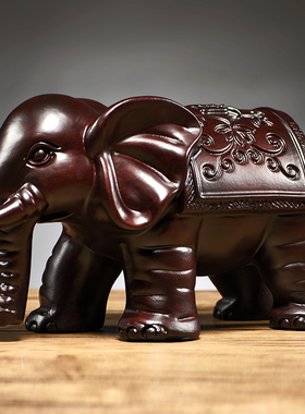 黑檀木雕吸水大象摆件一对实木玄关客厅电视柜装饰工艺品乔迁送礼