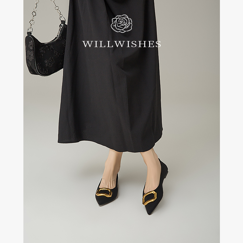 WILLWISHES 王玎设计通勤风女鞋2025新款尖头单鞋女方扣平底鞋女 - 图0