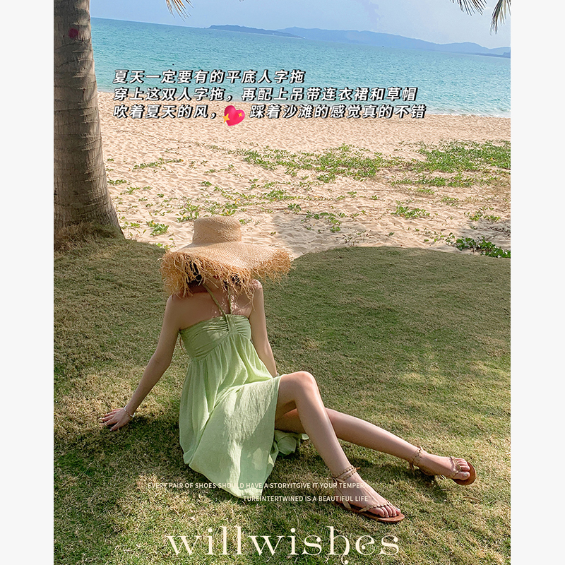 WILLWISHES【乌托邦花语~】仙女风海边沙滩平底鞋女夹趾绑带凉鞋 - 图1