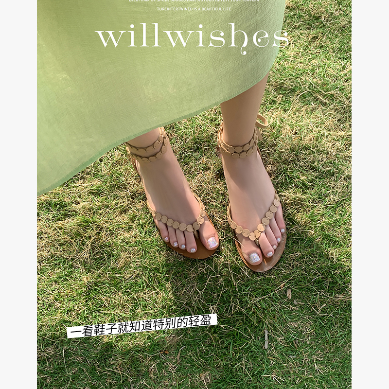 WILLWISHES【乌托邦花语~】仙女风海边沙滩平底鞋女夹趾绑带凉鞋 - 图0