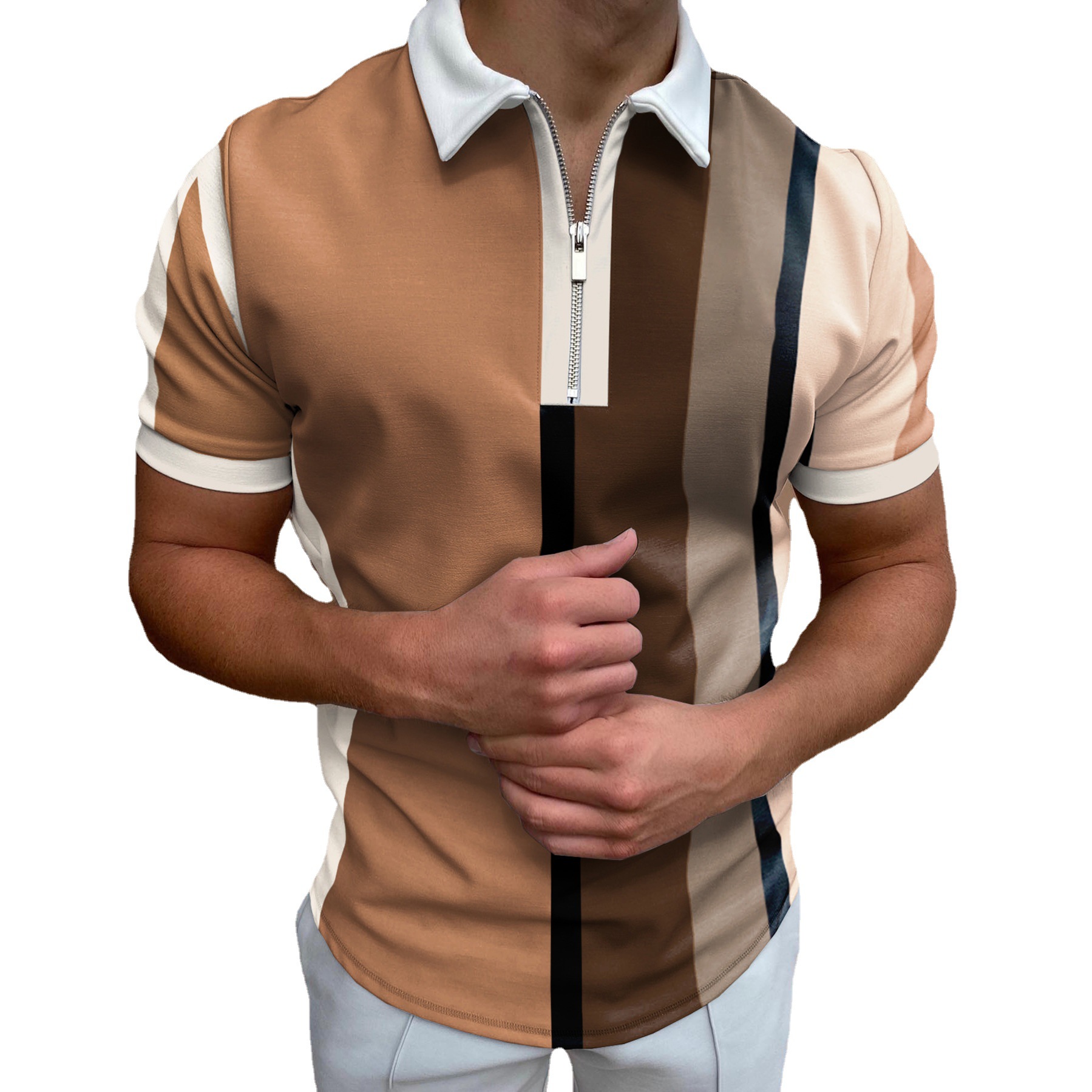 POLO Lapel Short Sleeve T-Shirt男POLO翻领休闲短袖拉链T恤上衣 - 图3