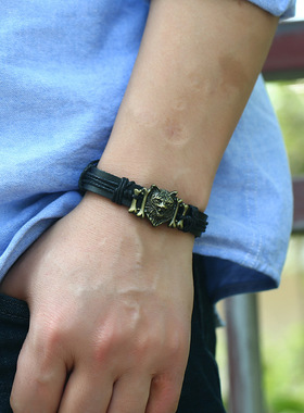 古铜合金狼头仿牛皮手链首饰