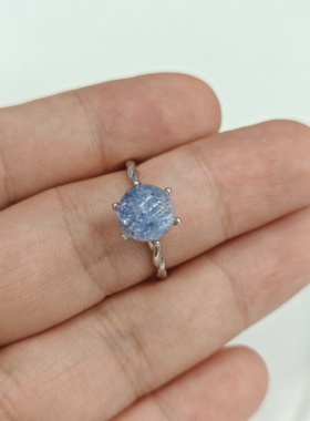 纯银戒指天然蓝线石蓝发晶球形戒指女款开口可调节礼物送礼