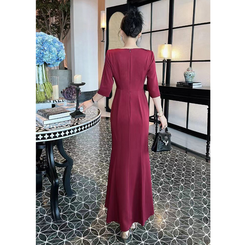 播美肩蝴蝶钻奢华大气结婚喜婆婆喜妈妈连衣裙酒红色晚礼服裙大码 - 图1