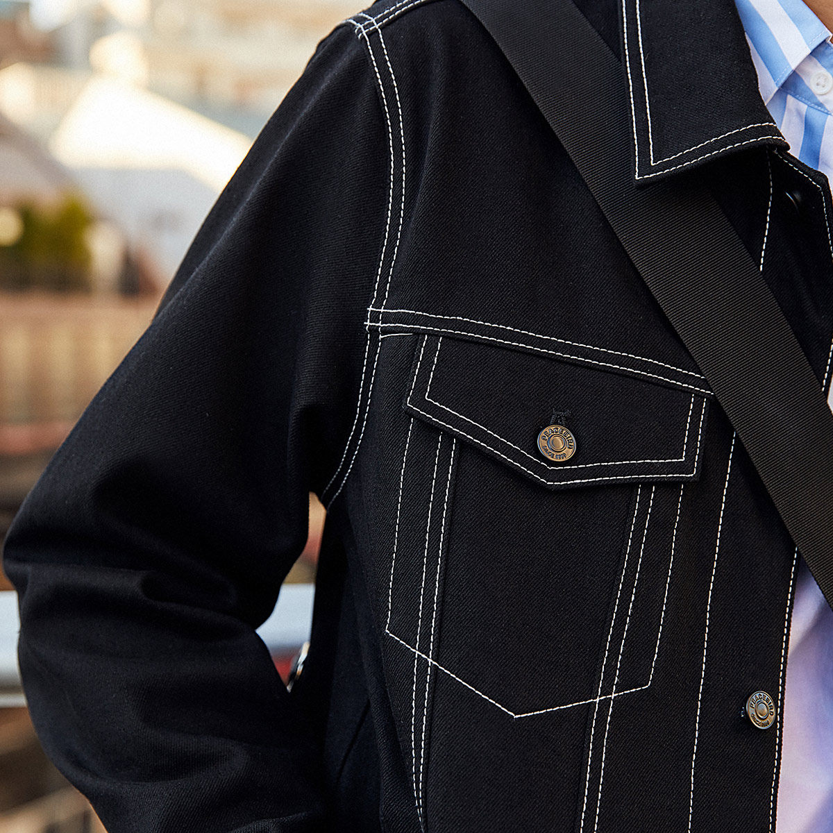 太平鸟男装奥莱牛仔男新款黑色夹克 太平鸟男装outlets店夹克