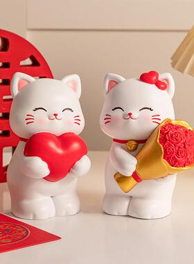 高档轻奢樱花猫情侣摆件喜庆结婚礼品家居摆件送闺蜜新婚礼物