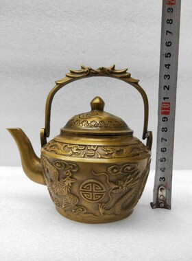 古玩铜器收藏仿古纯铜提梁龙凤酒壶茶壶包浆润泽收藏家居茶道摆设