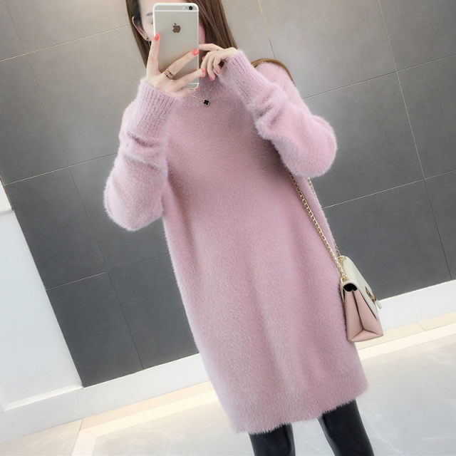 Imitation mink velvet mid -length sweater female over -knee bottoming shirt thickened half -high collar holder in autumn and winter 2022 new models